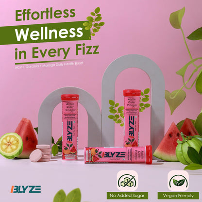 BLYZE ACV Moringa TriBoost, Apple Cider Vinegar 750mg with Moringa, Control Cravings and Weight Management, No Added Sugar, Effervescent Tablets, Watermelon Flavour, Pack of 1 (15 Tablets)