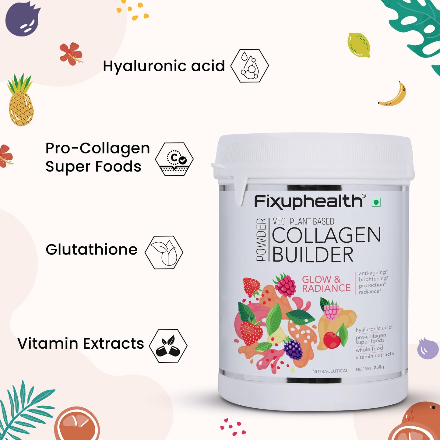 Fixuphealth Collagen Builder Veg Plant based powder for Women and Men for Skin Glow with Hyaluronic Acid Glutathione Vitamin Extracts Pro collagen super food 250 gram Strawberry flavour No added sugar