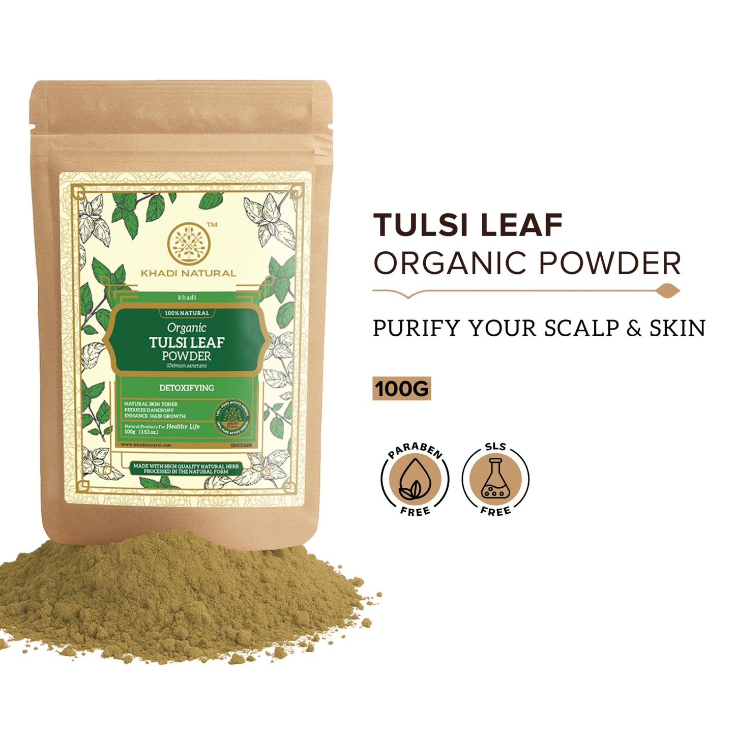 Khadi Natural Tulsi Leaf Organic Powder | Skin Clarifying & Hair Detox | Clears Acne, Revives Scalp | No Chemicals | For all skin types & hair types | 100 gm