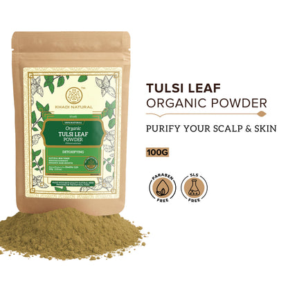 Khadi Natural Tulsi Leaf Organic Powder | Skin Clarifying & Hair Detox | Clears Acne, Revives Scalp | No Chemicals | For all skin types & hair types | 100 gm