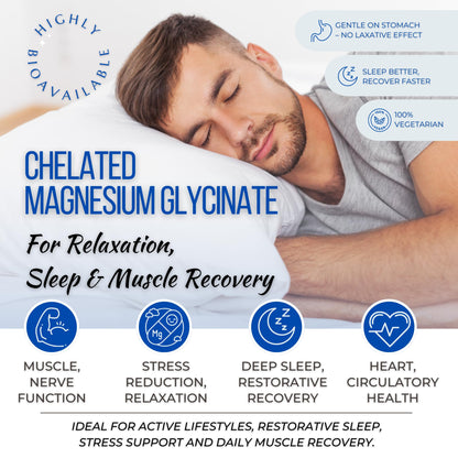 Magnesium Glycinate Tablets 550mg — 100% Pure Chelated Form · No Magnesium Oxide | Supports Sleep, Relaxation & Muscle Function | Non-Laxative · Gentle Daily Formula | 120 Veg Tablets (120 Days)