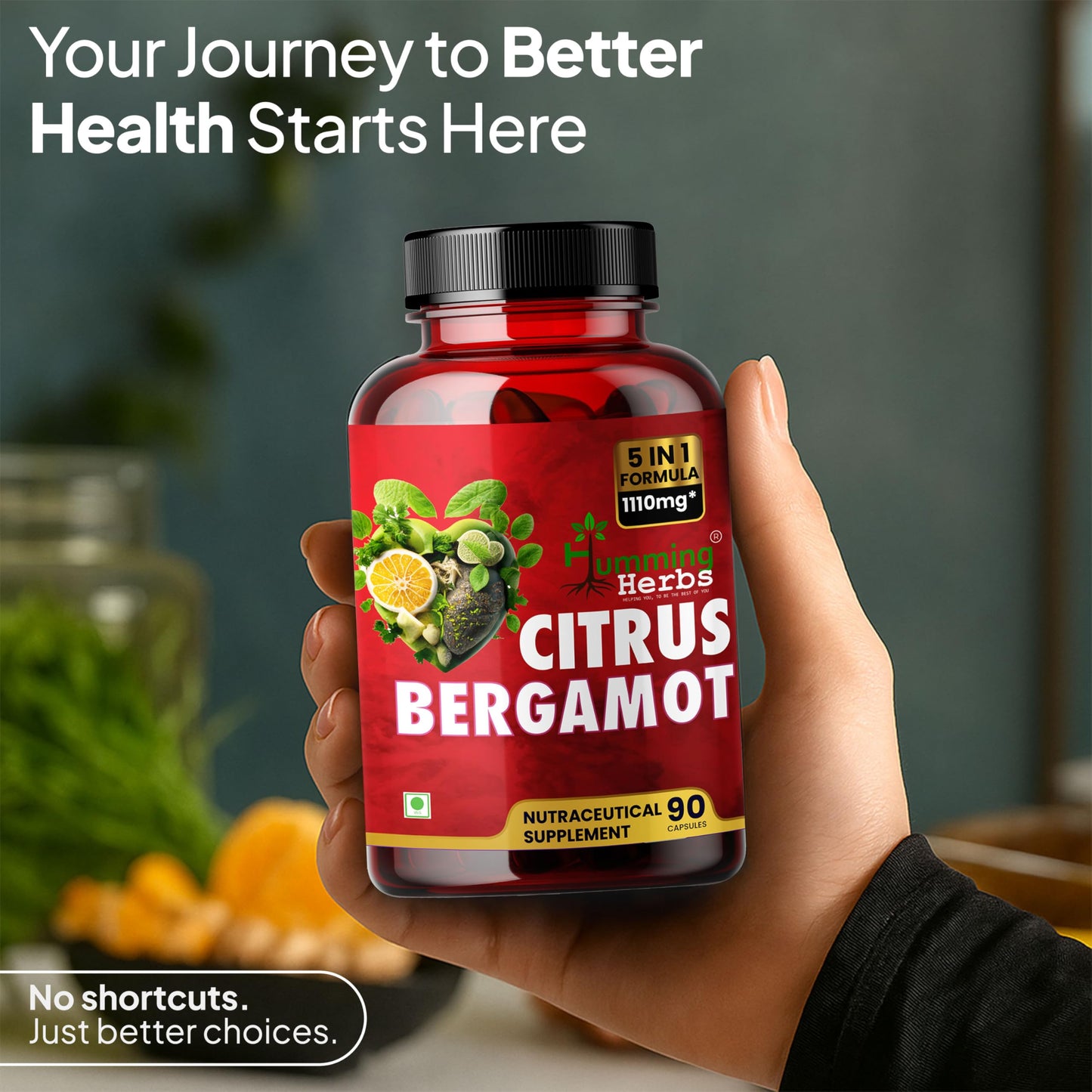 Humming Herbs Citrus Bergamot Capsules 15500mg | Supports Healthy Cholesterol & Heart Function | Enriched with Black Chokeberry, Olive Leaf & Black Pepper | 90 Veg Capsules