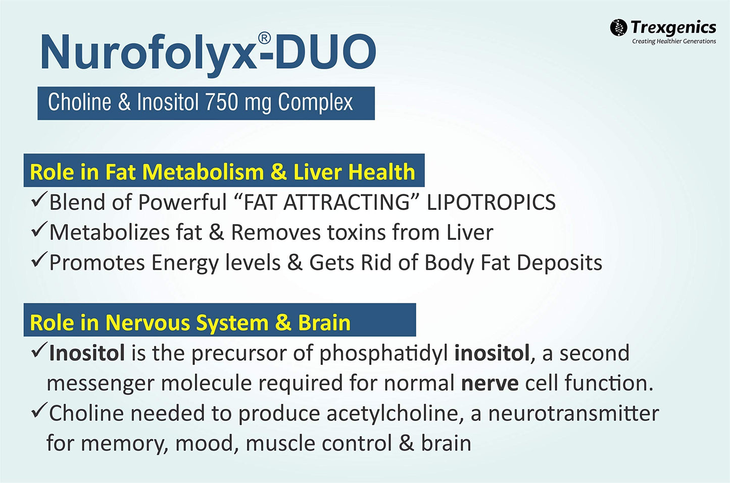 Trexgenics NUROFOLYX-DUO Choline-Inositol Complex 750 mg Nervous System, Brain & Fat Metabolism (60 Veg Capsules) (1)