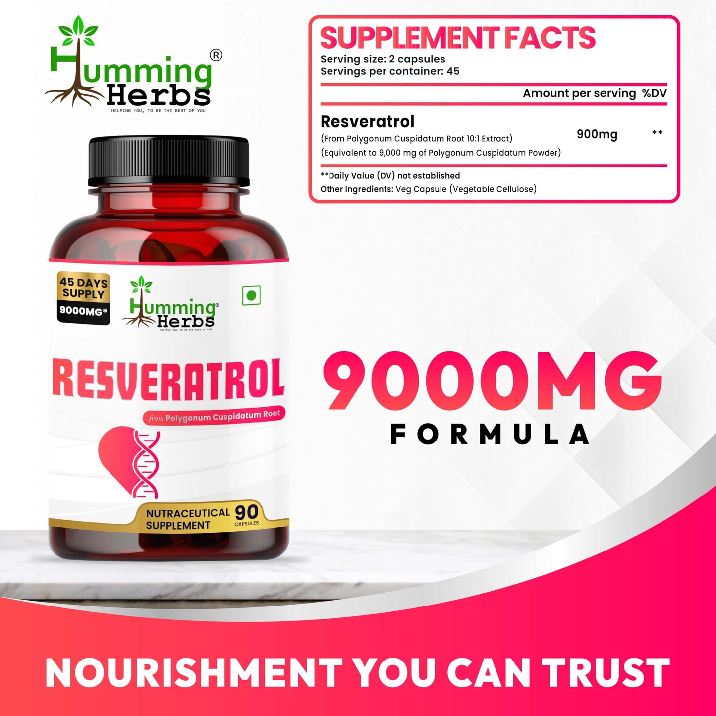 Humming Herbs Resveratrol 9000 mg Capsules | Supports Heart Health, Anti-Inflammatory & Antioxidant Benefits | 45 Days Supply | Vegan, Natural, High Potency | Nutraceutical Supplement - 90 Capsules