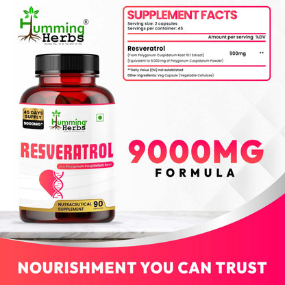 Humming Herbs Resveratrol 9000 mg Capsules | Supports Heart Health, Anti-Inflammatory & Antioxidant Benefits | 45 Days Supply | Vegan, Natural, High Potency | Nutraceutical Supplement - 90 Capsules