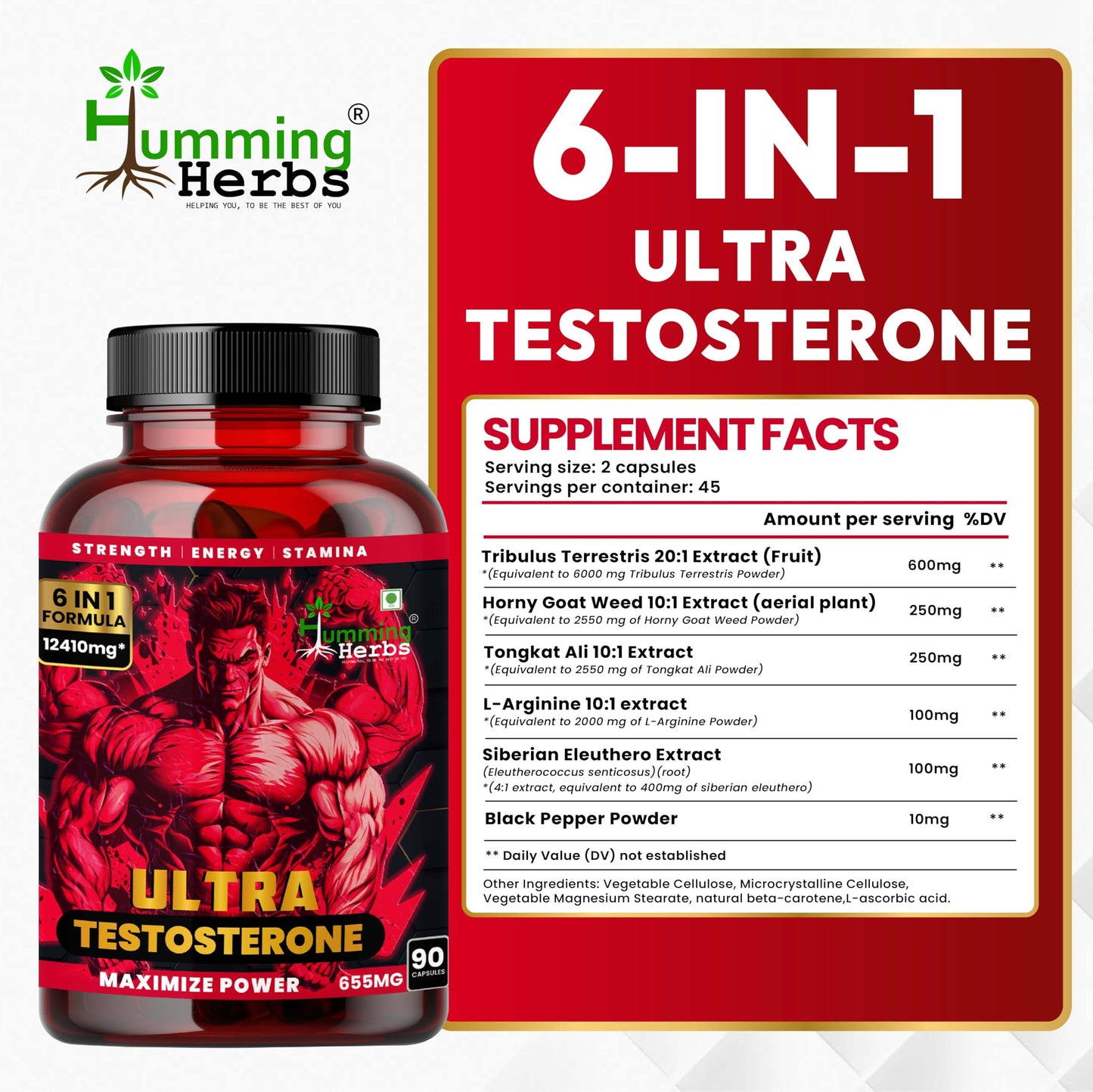 Humming Herbs Ultra Testosterone support for men| Muscle Growth, Energy and Performance with | Tongkat Ali, Tribulus,Arginine and Horny Goat Weed | | 6in1 | 12410 eqv |90 Capsules |, 80 grams