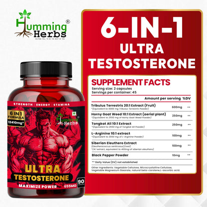 Humming Herbs Ultra Testosterone support for men| Muscle Growth, Energy and Performance with | Tongkat Ali, Tribulus,Arginine and Horny Goat Weed | | 6in1 | 12410 eqv |90 Capsules |, 80 grams