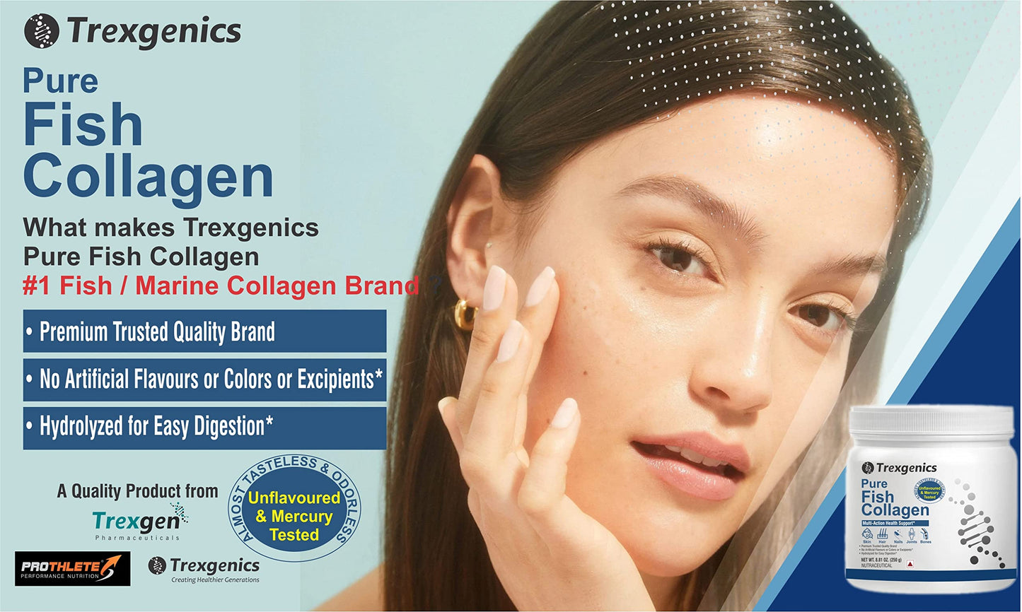 Trexgenics PURE FISH COLLAGEN Unflavoured, Mercury Tested, Almost Odorless & Tasteless Skin, Hair, Nails, Joint & Bone Support (250 gram) (Pack of 1)