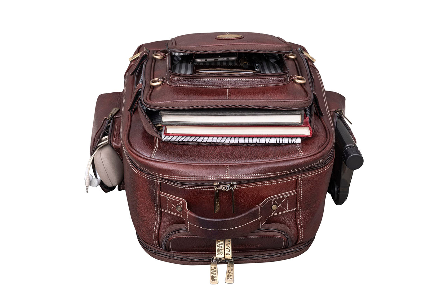 BRAND LEATHER Rolling Backpack Wheeled Laptop Backpack for Travel, Trolley Luggage Suitcase Compact Business Bag Student Laptop Bag for Men Women (BROWN)