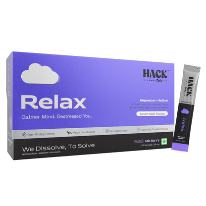 Hack Daily Relax Mouth Melt Powder Sachets Magnesium + Saffron Stress Relief Supplement, Mix Berry, Calm & Sleep Support with L-Theanine, Tulsi, Vitamin B12 & D3, No Added Sugar (28 Sachet)