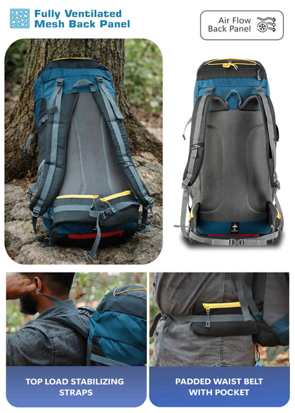 TRAWOC TREKELITE 60L Travel Backpack Hiking Trekking Bag Camping Rucksack for Men & Women with Water Proof Rain Cover/Shoe Compartment MHK004, 3 Year Warranty, English Blue