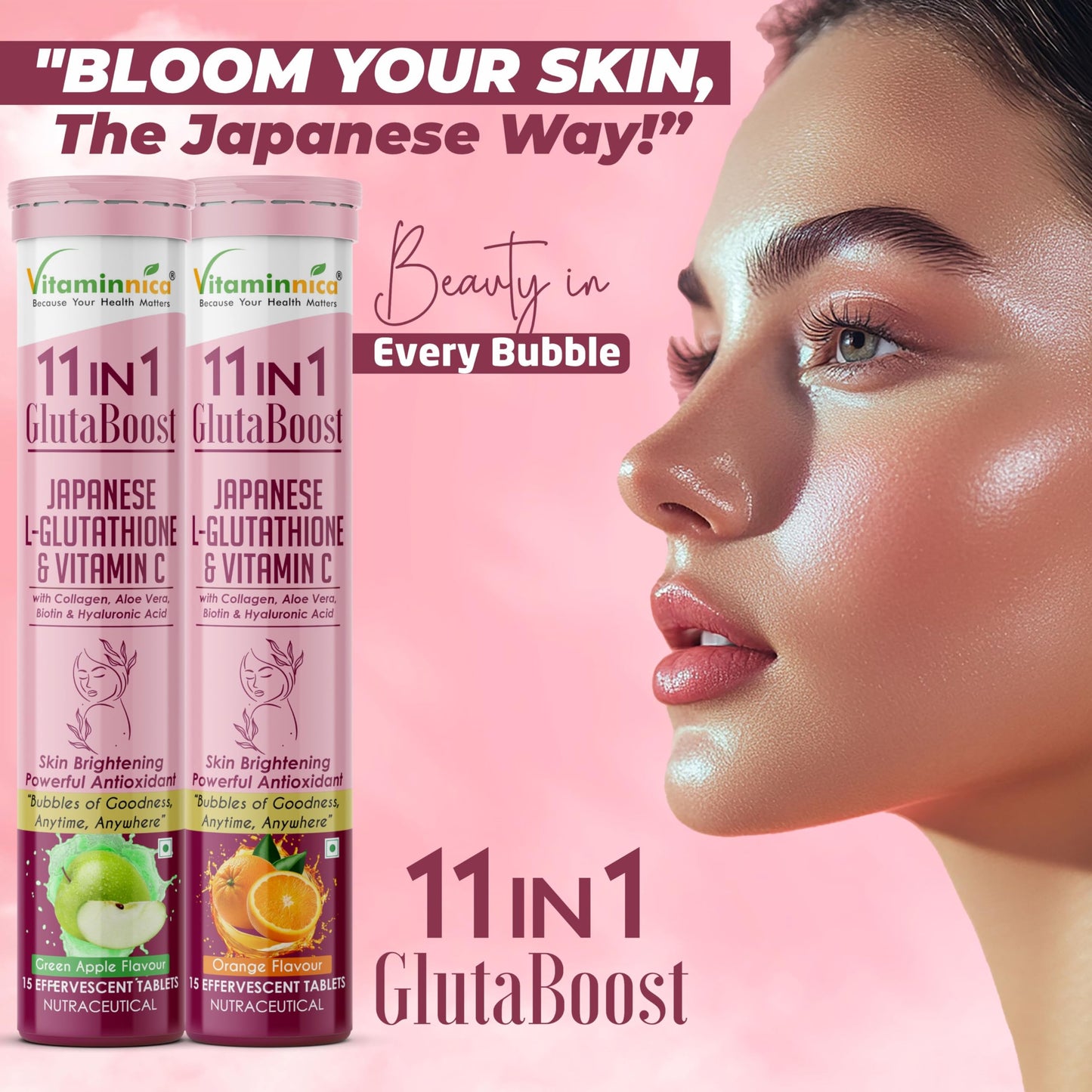 Vitaminnica Gluta Boost 11-in-1-45 Effervescent Tablets Orange Flavour with Japanese L-Glutathione, Collagen, & Hyaluronic Acid | Skin Radiance & Beauty Supplement | (Pack of 3)