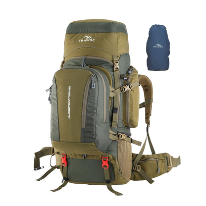 TRAWOC GLOBETROTTER 80 Liter (70+10) Internal Metal & Fiber Frame Rucksack Bag for Men & Women Trekking, Hiking Travel Backpack with Detachable Daypack, Rain Cover and Shoe Compartment, Olive Green