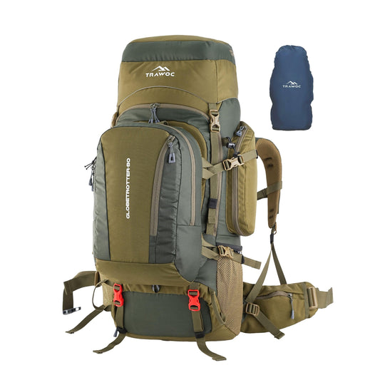 TRAWOC GLOBETROTTER 80 Liter (70+10) Internal Metal & Fiber Frame Rucksack Bag for Men & Women Trekking, Hiking Travel Backpack with Detachable Daypack, Rain Cover and Shoe Compartment, Olive Green