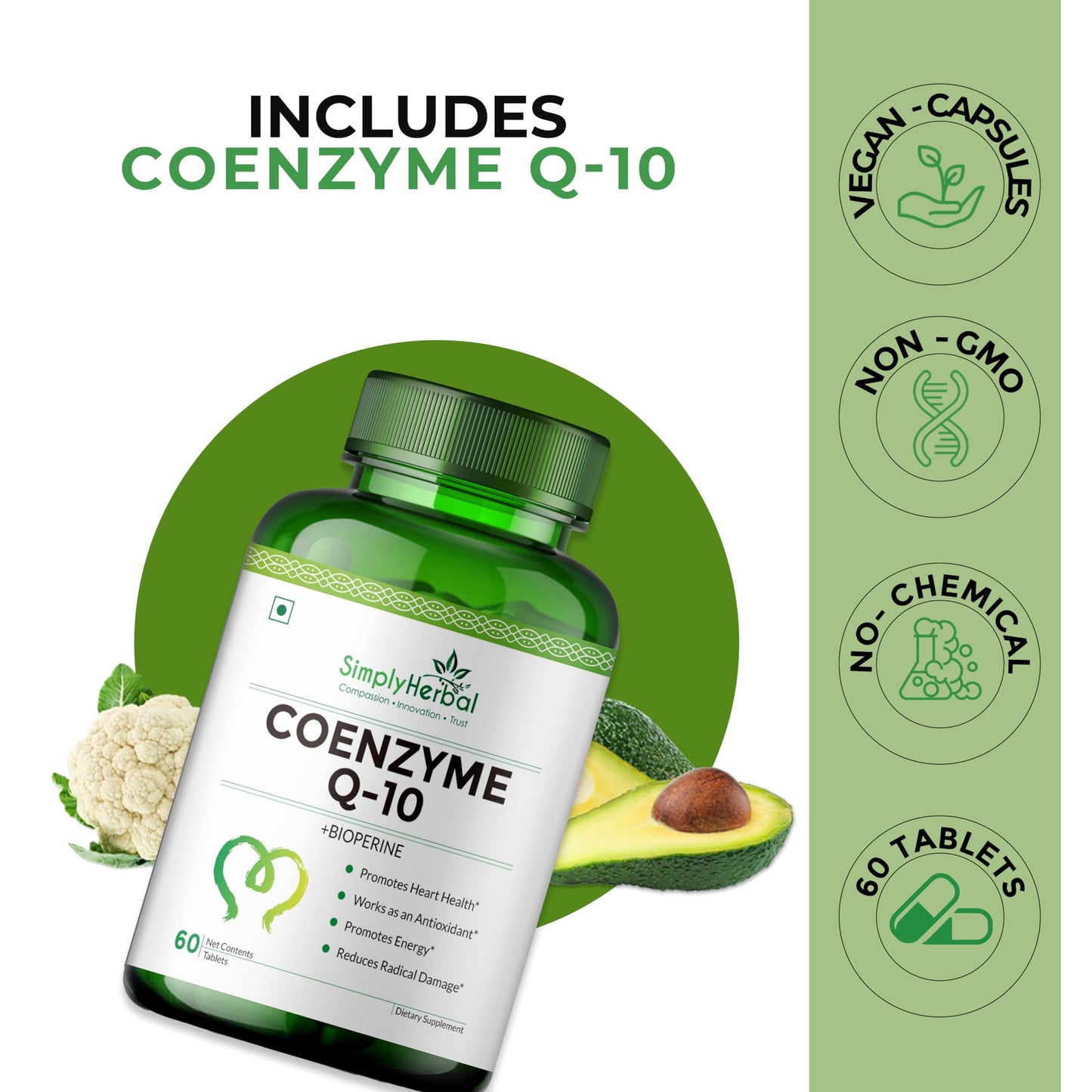 Simply Herbal CoQ10 Natural Coenzyme Q10 Tablets 200mg with Bioperine Antioxidant Supplements, Provide Superior Absorption, Supplement for Heart Health and Energy Metabolism - 60 Tablets