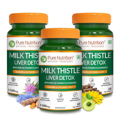Pure Nutrition Milk Thistle Liver Detox Supplement - 180 Tablets with N-Acetyl L-Cysteine (NAC), Curcumin, Amla & Vitamin C | Supports Liver Health, Fatty Liver Care | Natural Detoxification Formula