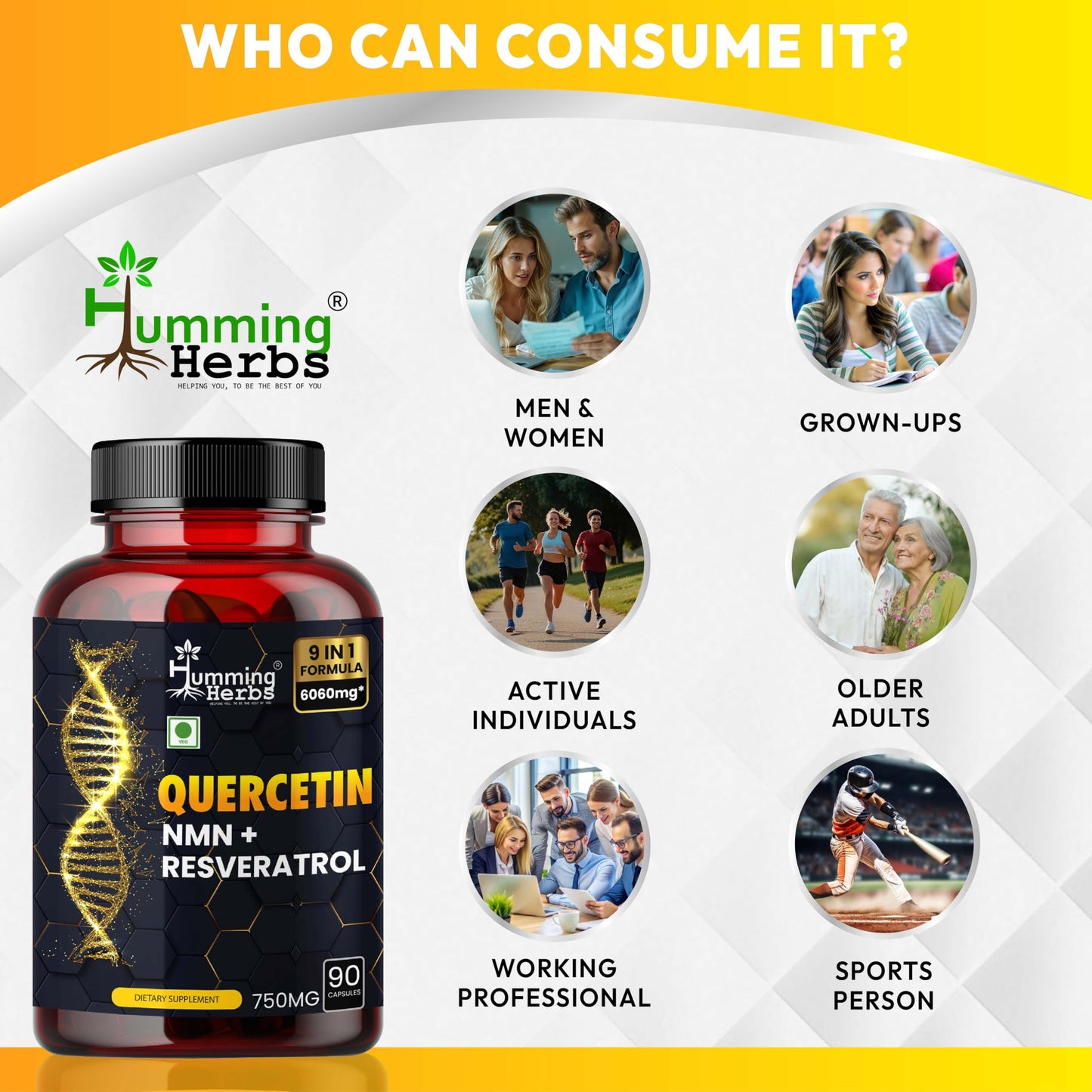 Humming Herbs Quercetin Supplement - NMN plus Resveratrol Extract - 90 Capsules