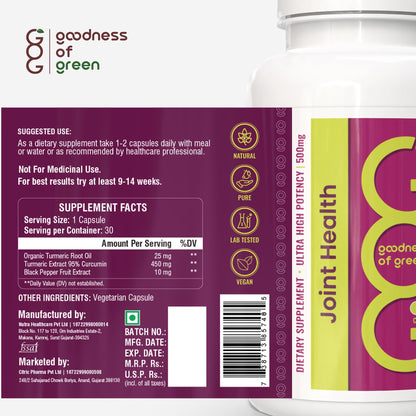 Goodness Of Green Joint Health Supplement, For Joint Support, Reduces Inflammation & Stiffness, Turmeric & Black Pepper Extract, Herbal Capsules Grown in Right Soil, 30 Veg Capsules