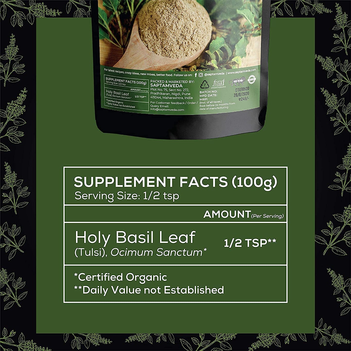 SAPTAMVEDA Premium Tulsi Leaf Powder (300 Gm) - Organic Holy Basil Leav- image 5