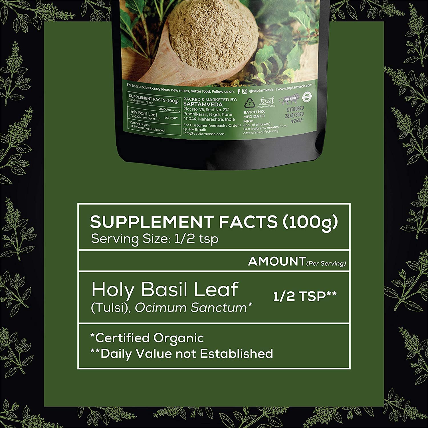 SAPTAMVEDA Premium Tulsi Leaf Powder (300 Gm) - Organic Holy Basil Leav- image 5
