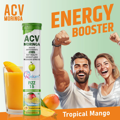 Raskam ACV Moringa Effervescent Tablets 500mg – Tropical Mango, Antioxidant Immunity Booster, Appetite & Energy Support, Sugar Free – 15 Fizz Tabs (Pack of 2)