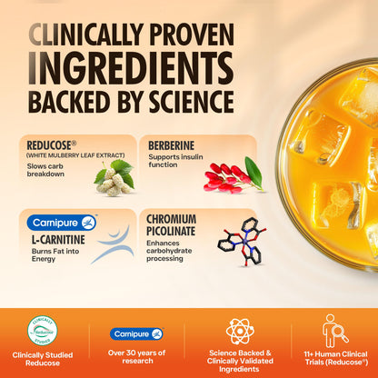Fast&Up Glucolean GLP-1 Helps Manage Blood Sugar Levels Burns Stubborn Fat Diabetes Care with Clinically Proven Reducose, Berberine, L-Carnitine, ACV & Chromium - 15 Orange Stick Packs