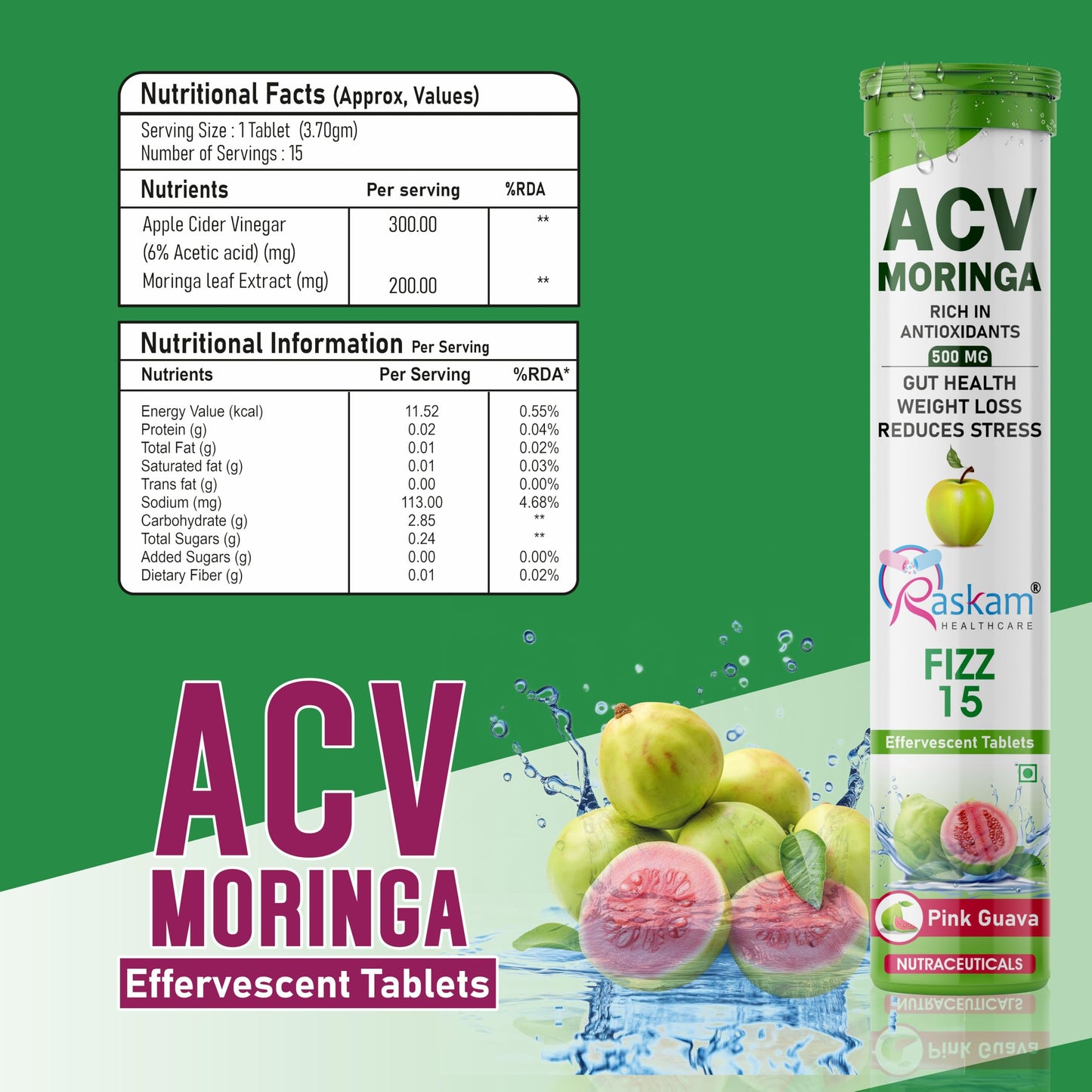 Raskam Apple Cider Vinegar Moringa Fizz Tablets 500mg – 15 Effervescent Tabs (Pack of 2), No Added Sugar