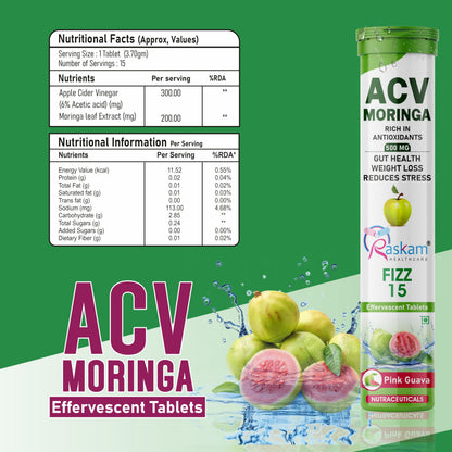 Raskam Apple Cider Vinegar Moringa Fizz Tablets 500mg – 15 Effervescent Tabs (Pack of 2), No Added Sugar