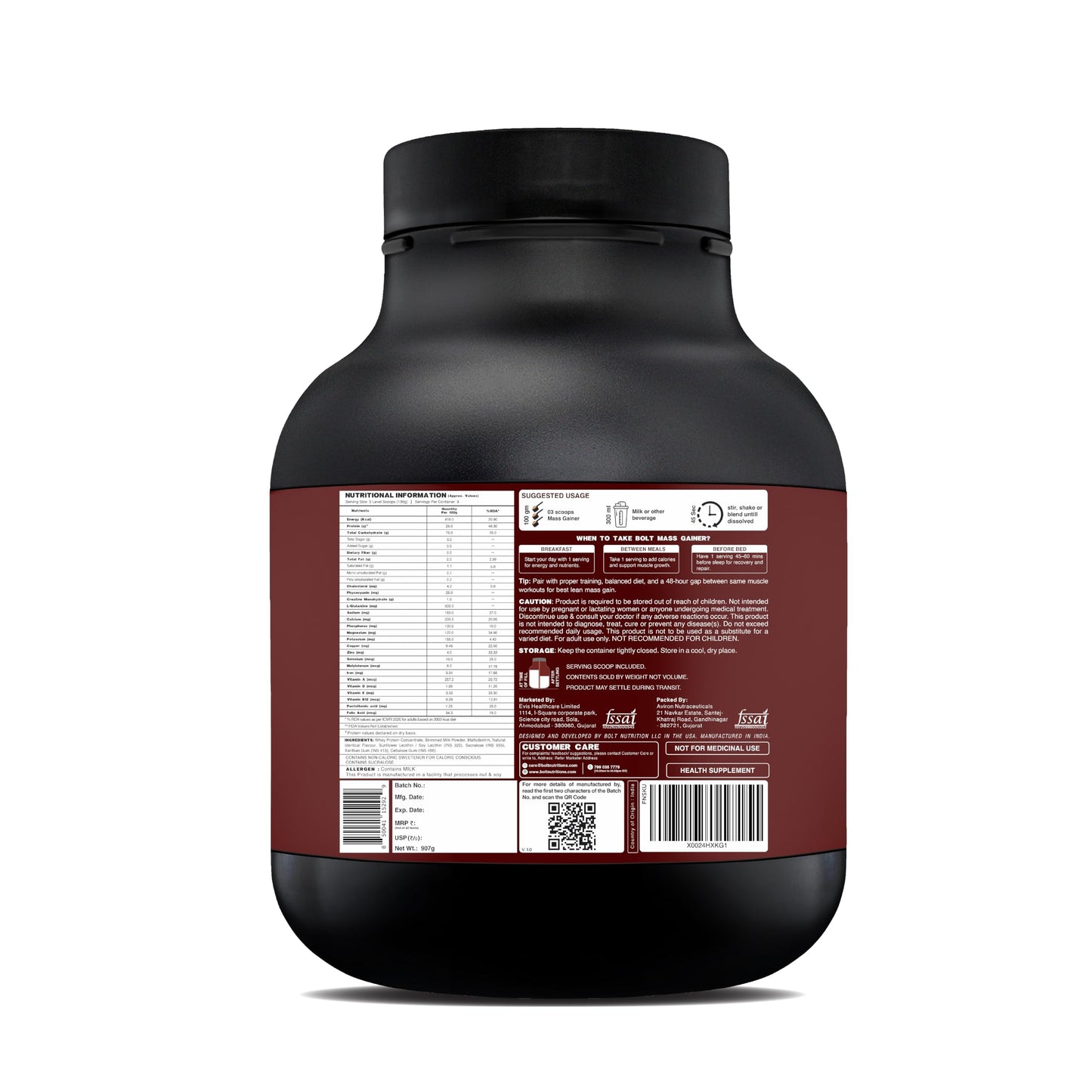 Bolt Mass Gainer Powder | Weight Gainer | Supercharge With Phycocyanin | 25G Protein, 75G Carbs & 412 Calories Per Servings | For Muscle & Weight Gain Objectives | 2Lb/907G | Madagascar Vanilla