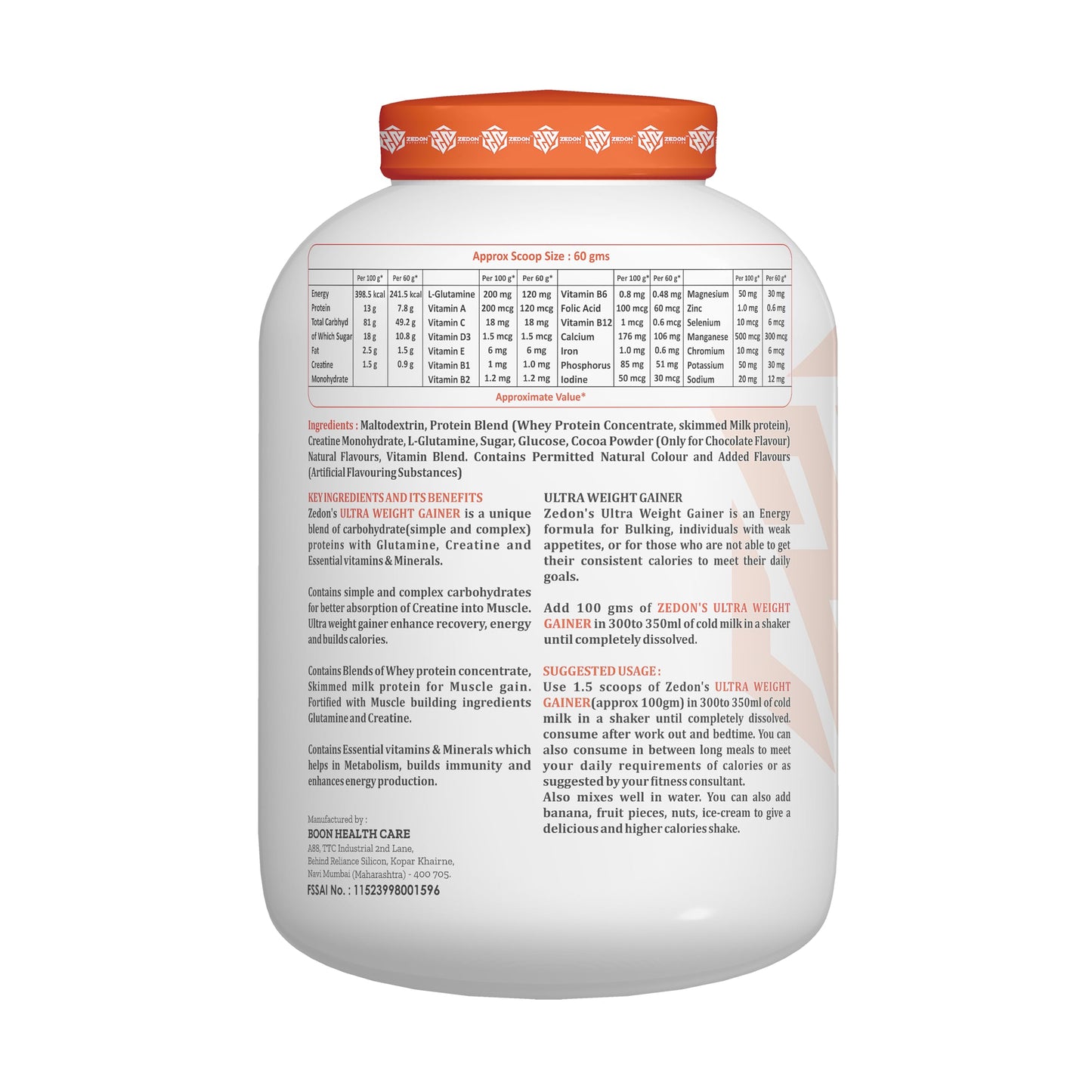 Zedon Nutrition Ultra Weight Gainer High Calorie Mass Gainer Protein Supplement Designed for Rapid Weight Gain Muscle Growth and Recovery Rich Nutrition Fitness Powder 2.27kg