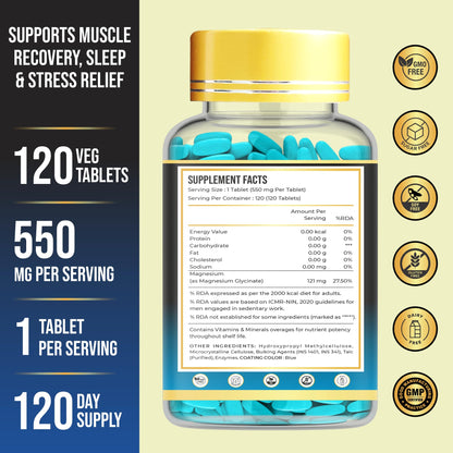 Magnesium Glycinate Tablets 550mg — 100% Pure Chelated Form · No Magnesium Oxide | Supports Sleep, Relaxation & Muscle Function | Non-Laxative · Gentle Daily Formula | 120 Veg Tablets (120 Days)