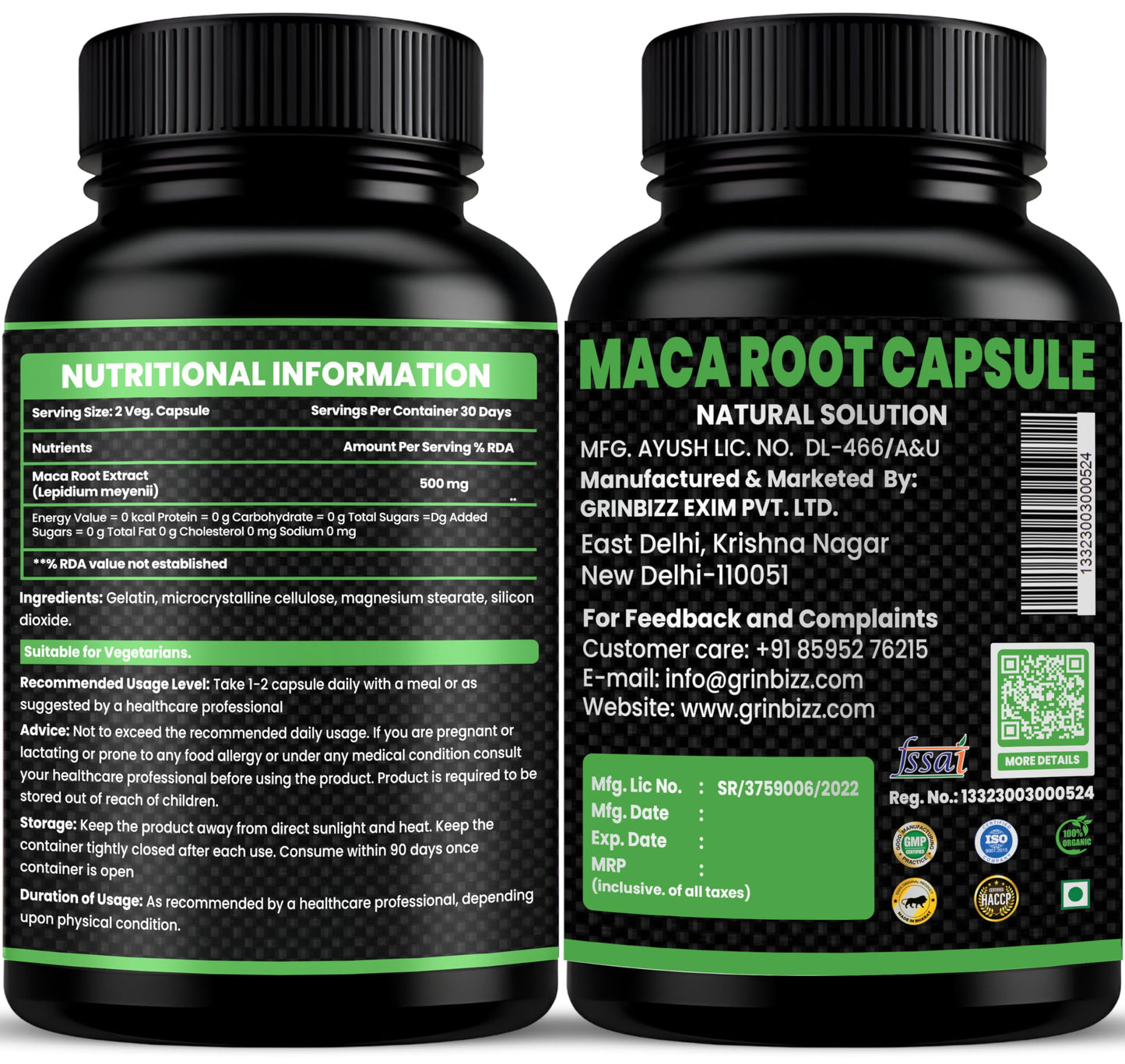Grinbizz Maca Root Capsules | Black, Red & Yellow Maca Extract | Supports Energy, Stamina, Hormonal Balance & Immunity | Herbal Natural Supplement | 60 Vegan Capsules