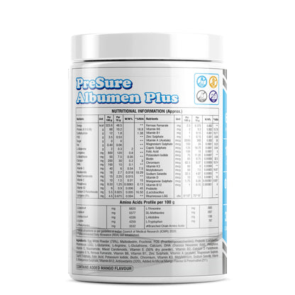 PreSure Albumen Plus Supplement with Glutamine Whey Protein Powder for Athlete, Sports Person, Gymnast, Triathlon (400 g, Mango)