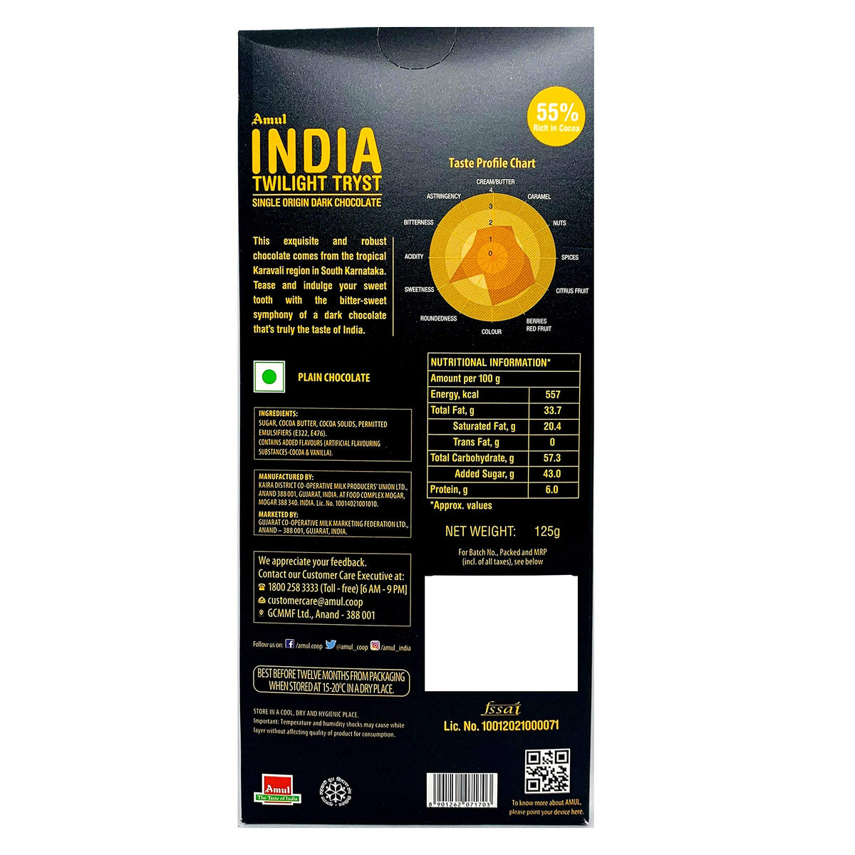 Amul India Twilight Tryst Dark Chocolate, 125gm