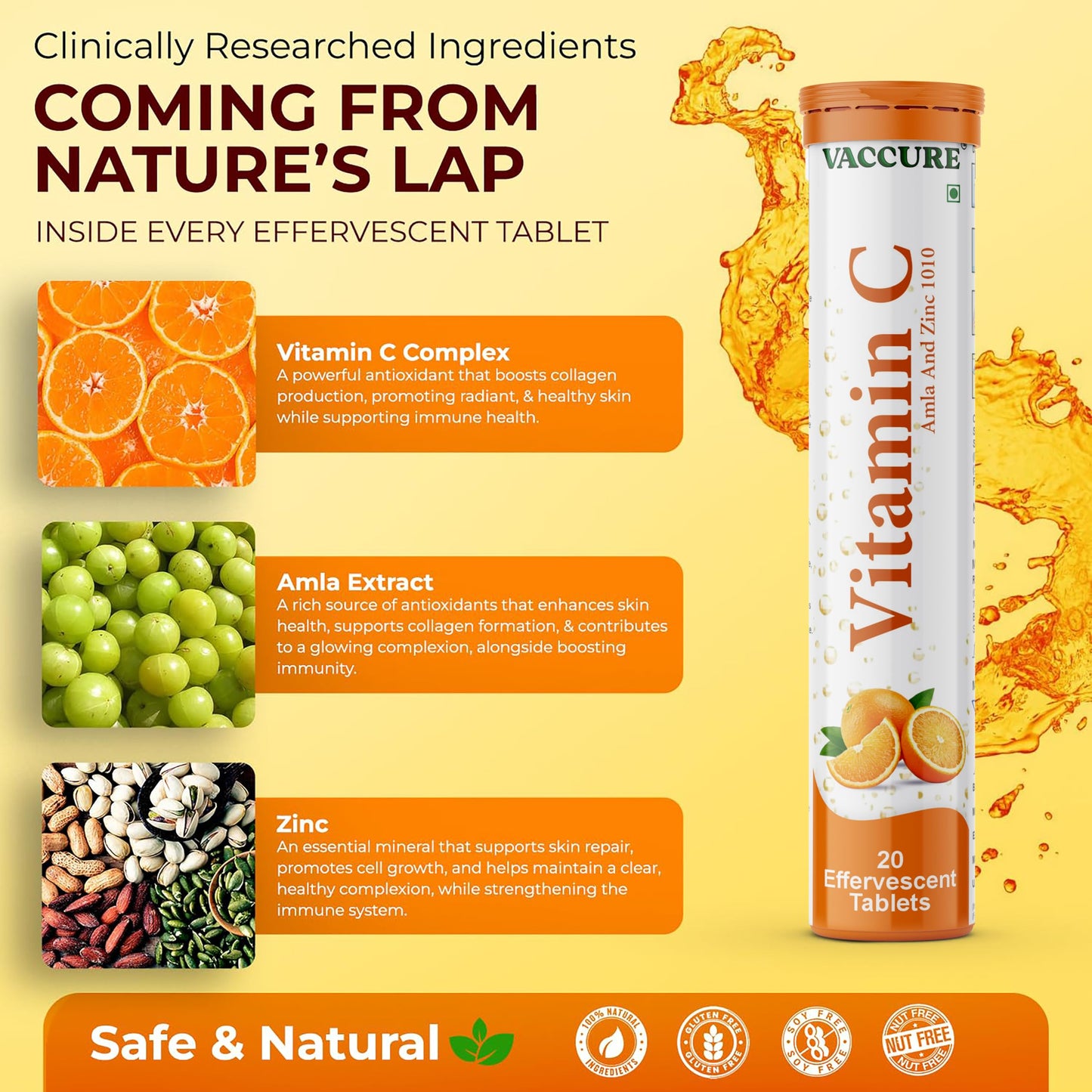 VACCURE Vitamin C Effervescent Tablet, 20 Count, with L-Glutathione, Gluten Free, Orange Flavor, for Skin Brightening, Adults