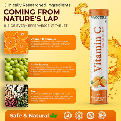 VACCURE Vitamin C Effervescent Tablet, 20 Count, with L-Glutathione, Gluten Free, Orange Flavor, for Skin Brightening, Adults