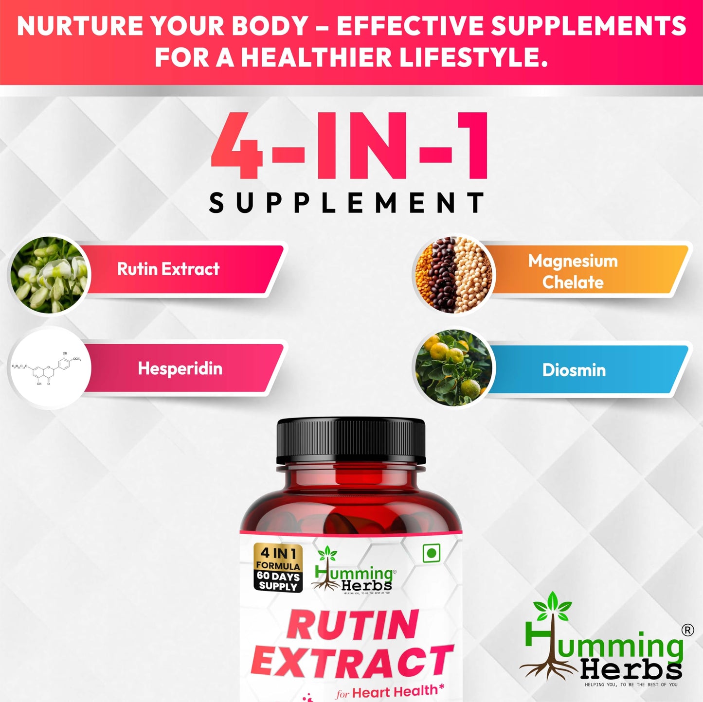 Humming Herbs Rutin 600mg Capsules - Vessel Support & Heart Health Formula with Anti-Inflammatory Benefits- 60 Capsules
