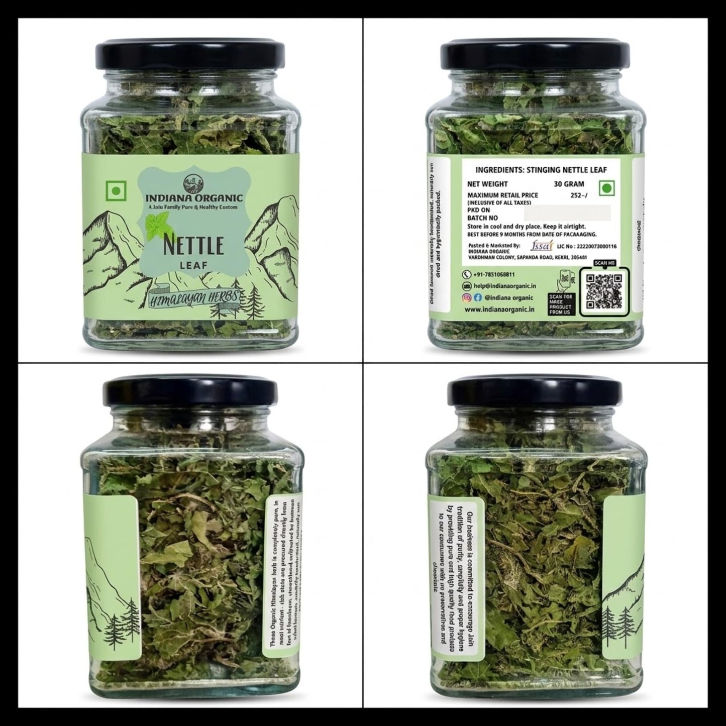 Indiana Organic Nettle Leaf (Pure & Natural Himalayan Herbs) - 30g | Manually Cleaned Whole stinging nettle Leaves for Herbal Tea & Detox | Supports Respiratory Health, Immunity & Bone Wellness | Non-GMO & No Preservatives - 30 gram
