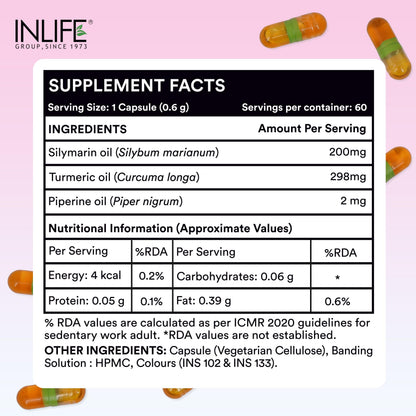 INLIFE Silymarin Oil Capsules 200 mg with Turmeric & Piperine | For Men & Women | 60 Vegetarian Capsules