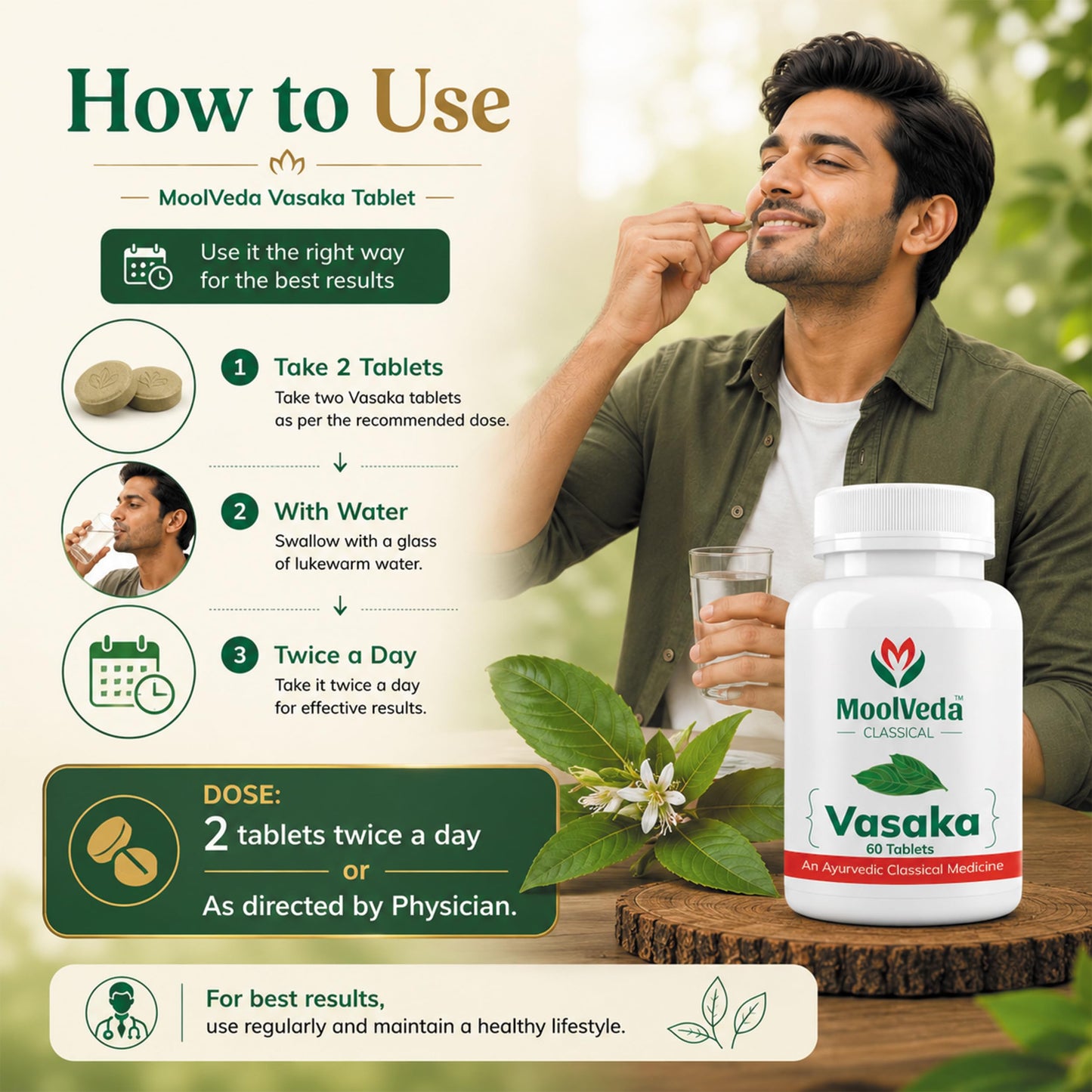 Moolveda Vasaka Tablets 60 Veg Tablets | Ayurvedic Herbal Supplement for Cold & Cough Support | Supports Respiratory Health & Healthy Breathing | With Vasaka (Adhatoda Vasica) Extract