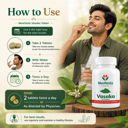 Moolveda Vasaka Tablets 60 Veg Tablets | Ayurvedic Herbal Supplement for Cold & Cough Support | Supports Respiratory Health & Healthy Breathing | With Vasaka (Adhatoda Vasica) Extract