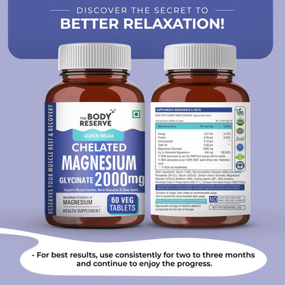 The Body Reserve Magnesium Glycinate Supplement 60 Veg Tablets, 2000mg Per Serving, High Absorption Chelated Form, helpful in Muscle & Nerve Relaxation, Better Sleep Quality for Men & Women