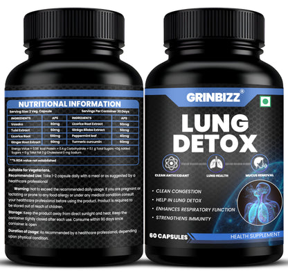 Grinbizz Lung Detox Capsules | Supports Lung Health, Respiratory Function & Mucus Removal | Herbal Antioxidant Cleanse | Ayurvedic Supplement for Immunity & Breathing Support | 60 Capsules