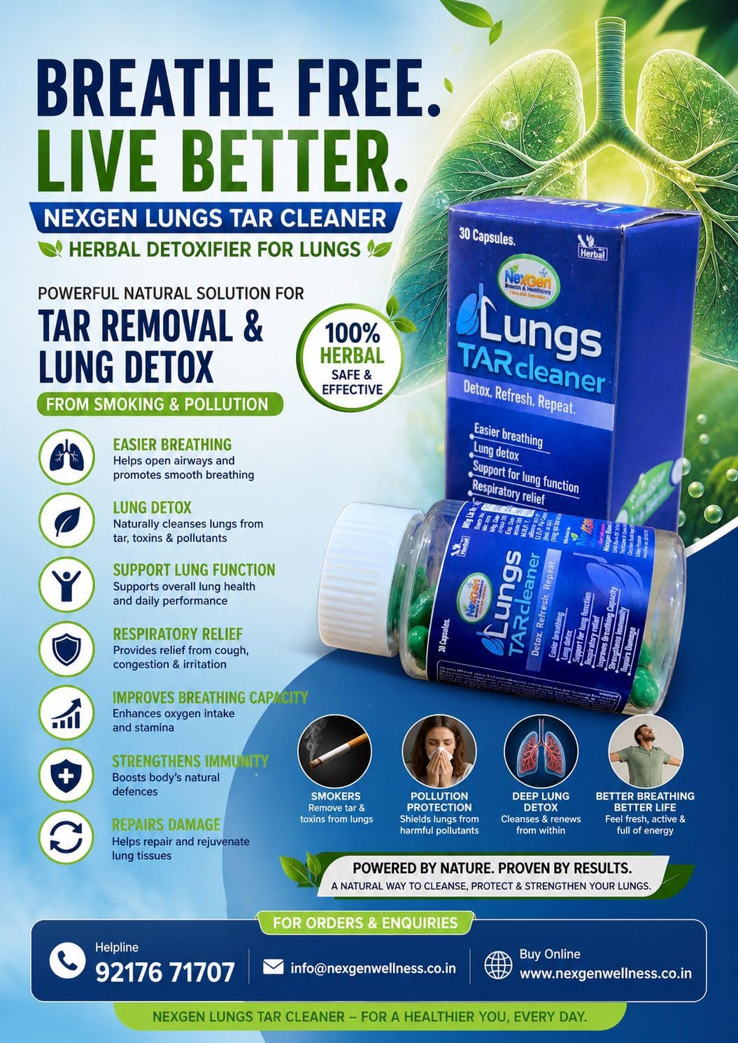 KardioNex Ayurvedic Lungs TARcleaner Herbal Capsules for Lung Detox & Respiratory Support | Improves Breathing Capacity | Herbal Formula | 30 Capsules