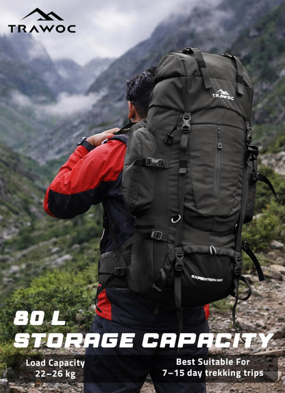 TRAWOC EXPEDITION 80L Travel Backpack Camping Hiking Rucksack Trekking Bag for Men & Women with Water Proof Rain Cover/Shoe Compartment BHK001 Black
