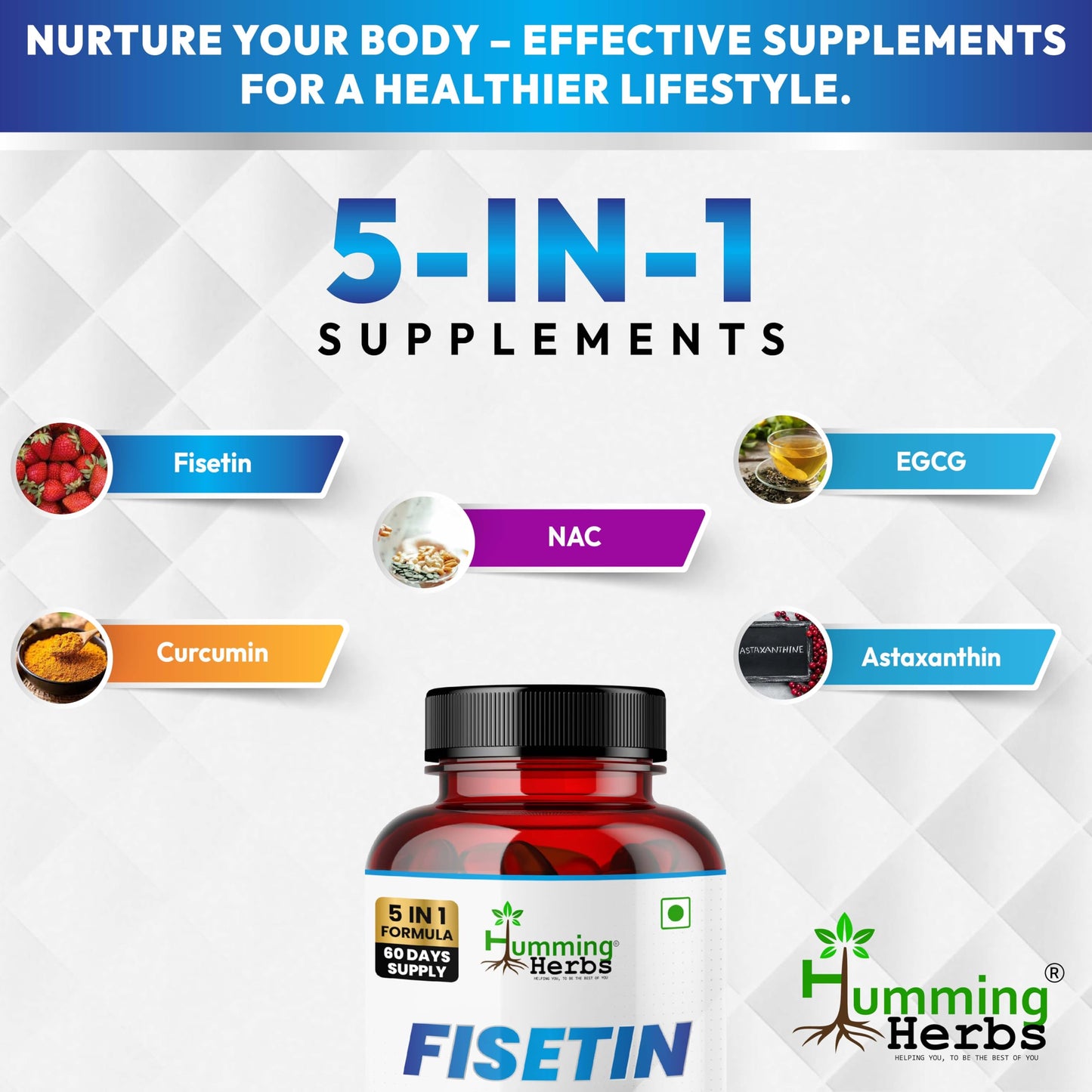 Humming Herbs Fisetin Supplement with NAC, EGCG, Curcumin & Astaxanthin | 5-in-1 Formula | Nutraceutical Capsules (60)