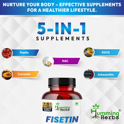 Humming Herbs Fisetin Supplement with NAC, EGCG, Curcumin & Astaxanthin | 5-in-1 Formula | Nutraceutical Capsules (60)