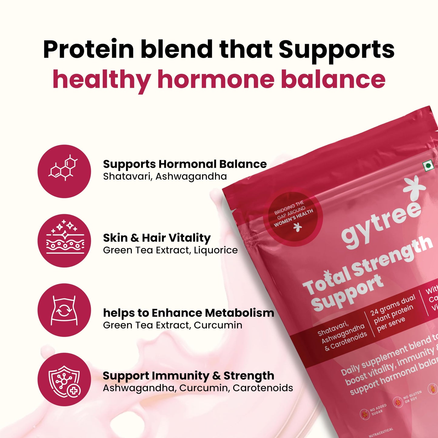 Gytree Berry Blast Plant-Based Protein for Women | Brown Rice & Pea Protein | 24g Protein per Serving | Ashwagandha, Shatavari, Curcumin | Vegan, Gluten-Free, No Added Sugar | 500g