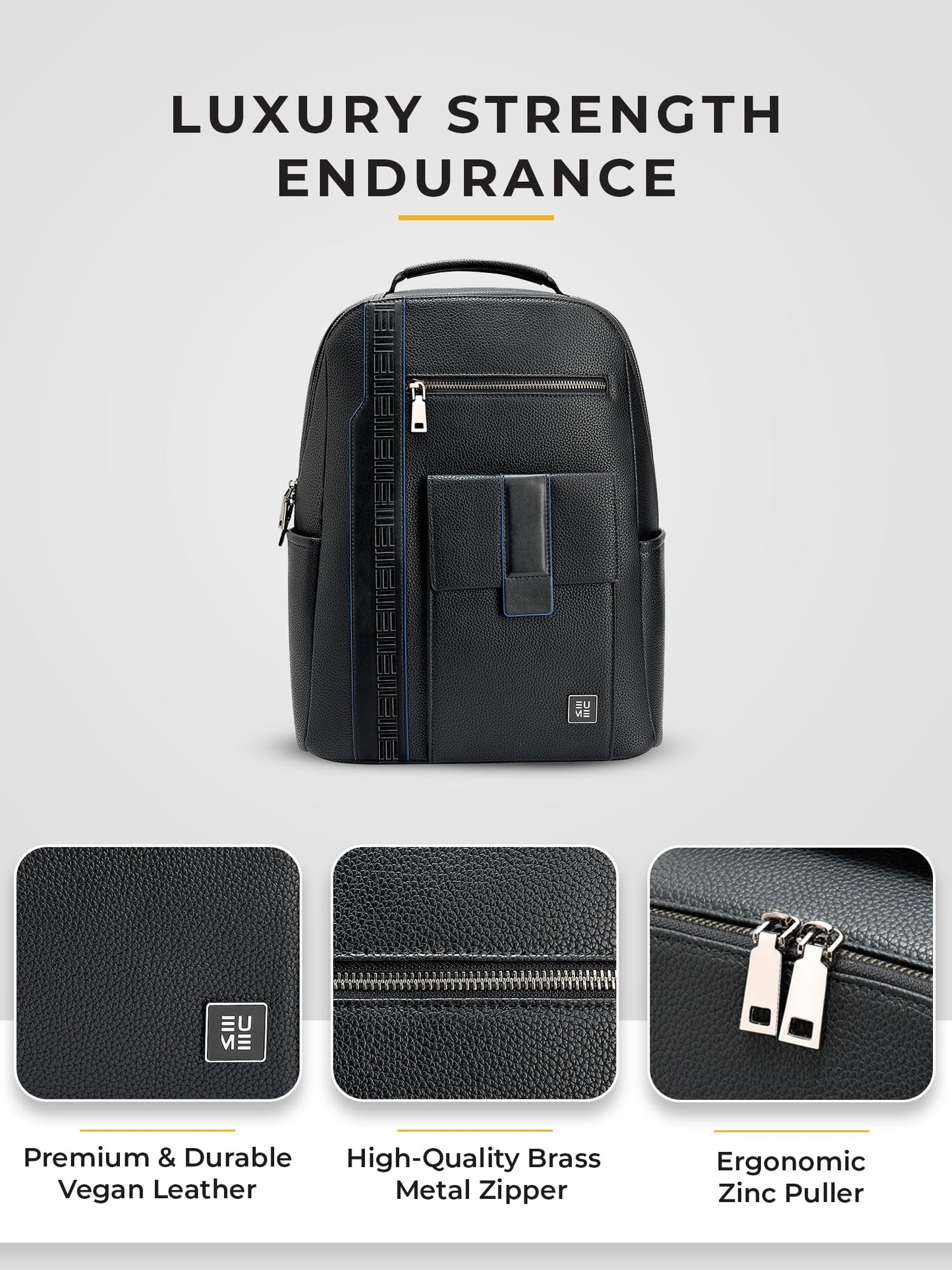 EUME Nexa Backpack Bag For Man, Charcoal Black | 2 Large Compartment office Laptop Backpack | Fits Up to 15.6" Laptop | Vegan Leather | Travel Bag | Laptop Backpack For Men and Women