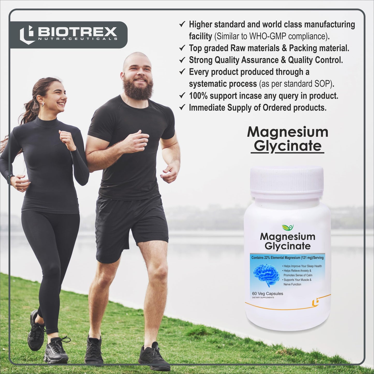 Biotrex Nutraceuticals Magnesium Glycinate | Highest Bioavailability | Cramps, Sleep & Mood balance | Chelated Form With Superior Absorption | Muscle Recovery & Nerve Function | 60 Veg Capsules